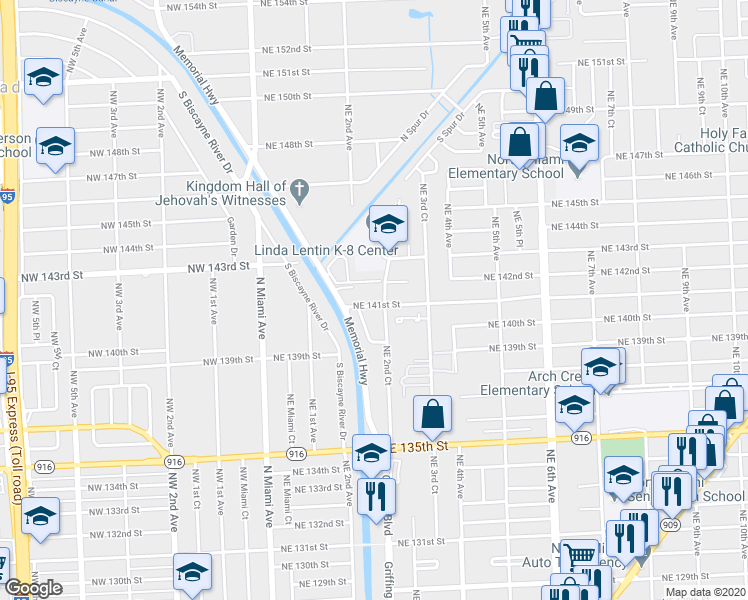 map of restaurants, bars, coffee shops, grocery stores, and more near 209 Northeast 141st Street in Miami