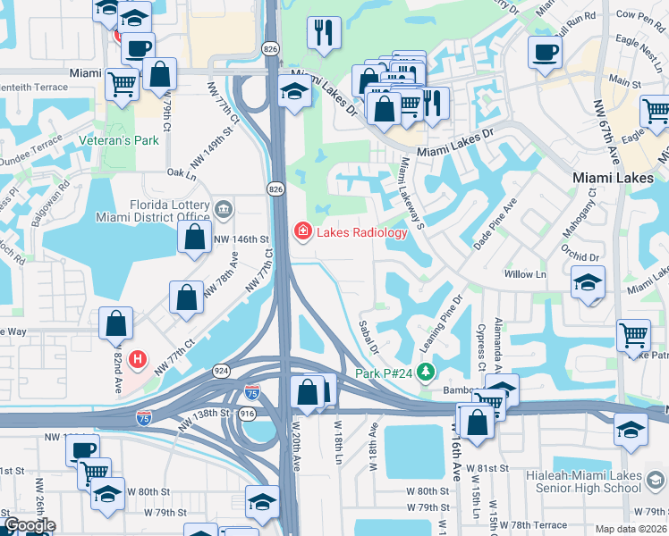 map of restaurants, bars, coffee shops, grocery stores, and more near 7474 Northwest 145th Street in Hialeah