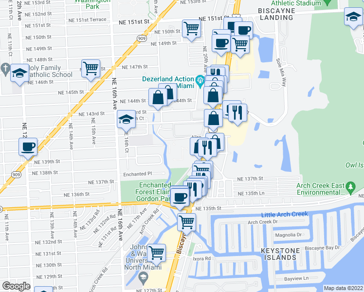 map of restaurants, bars, coffee shops, grocery stores, and more near 1820 Northeast 142nd Street in North Miami