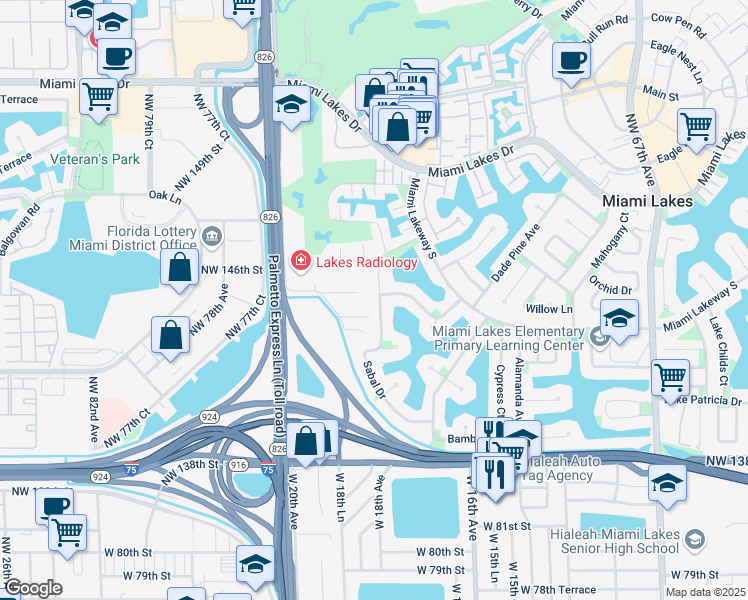 map of restaurants, bars, coffee shops, grocery stores, and more near 14420 Sabal Drive in Miami Lakes