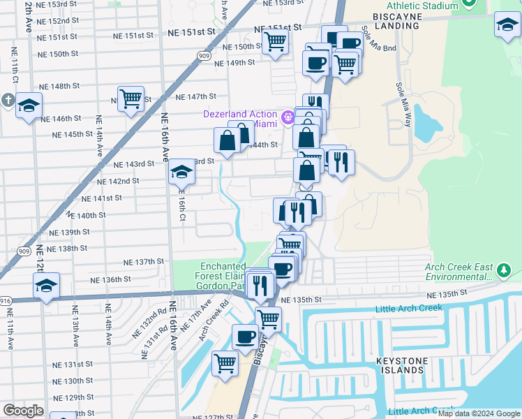 map of restaurants, bars, coffee shops, grocery stores, and more near 1820 Northeast 142nd Street in North Miami