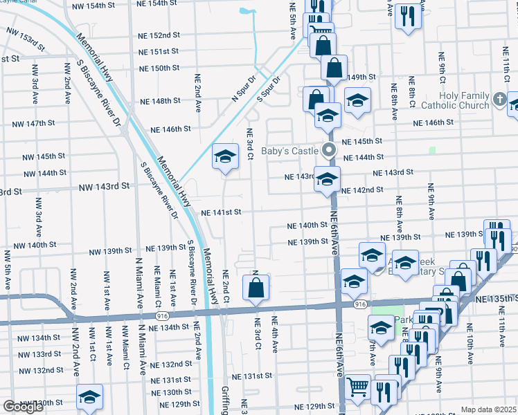 map of restaurants, bars, coffee shops, grocery stores, and more near 351 Northeast 141st Street in Miami