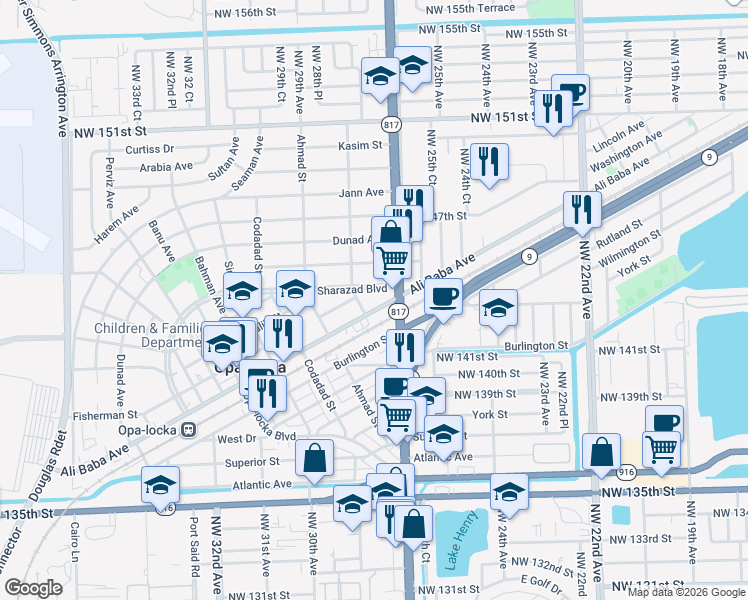 map of restaurants, bars, coffee shops, grocery stores, and more near 1310 Sharazad Boulevard in Opa-locka