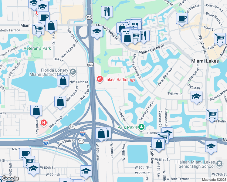 map of restaurants, bars, coffee shops, grocery stores, and more near 7474 Northwest 145th Street in Hialeah