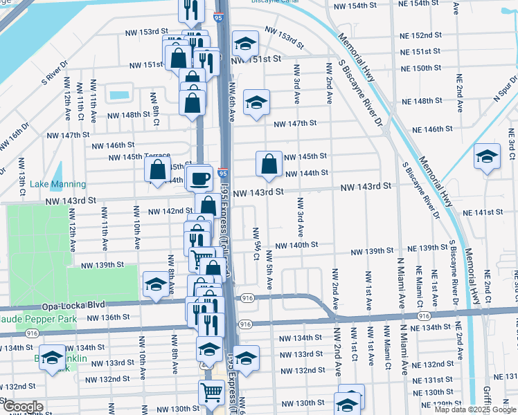 map of restaurants, bars, coffee shops, grocery stores, and more near 14155 Northwest 5th Court in North Miami