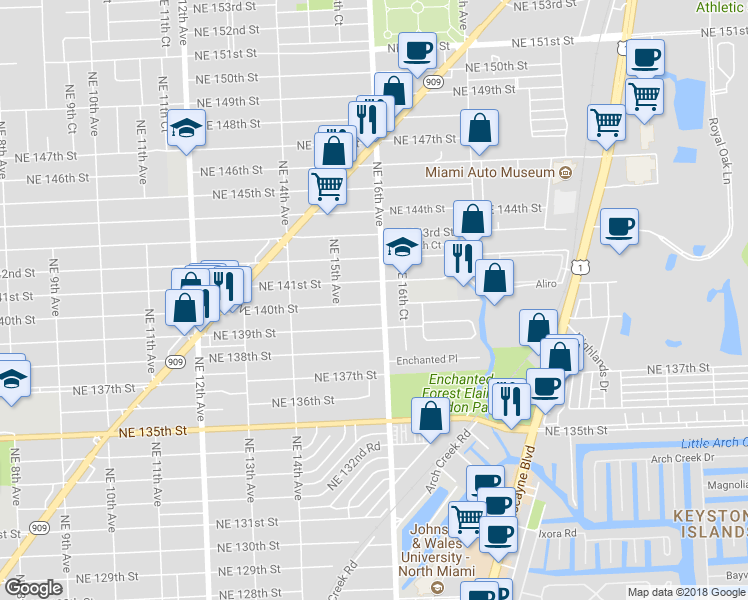 map of restaurants, bars, coffee shops, grocery stores, and more near 1585 Northeast 140th Street in North Miami