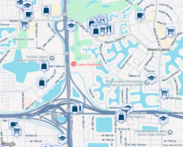 map of restaurants, bars, coffee shops, grocery stores, and more near 14420 Sabal Drive in Miami Lakes