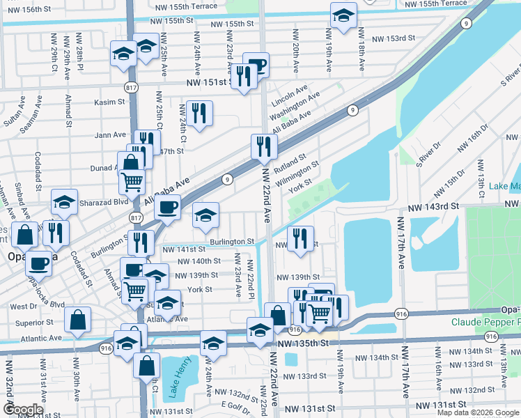 map of restaurants, bars, coffee shops, grocery stores, and more near 14285 Northwest 22nd Place in Opa-locka