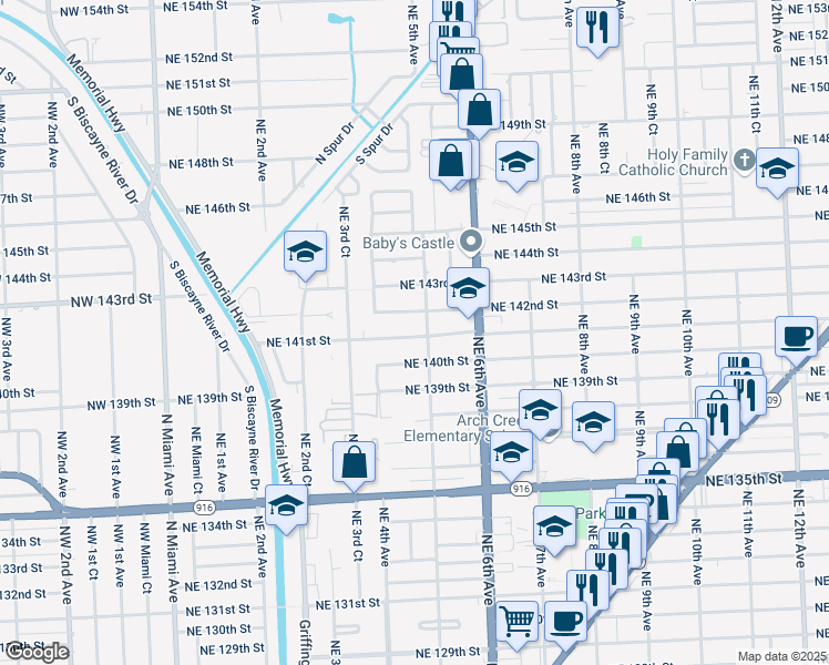 map of restaurants, bars, coffee shops, grocery stores, and more near 485 Northeast 141st Street in North Miami