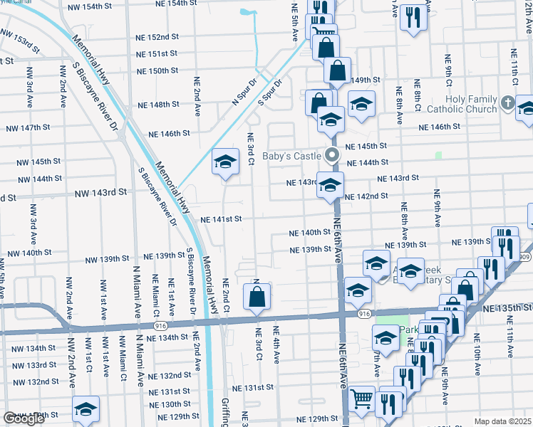 map of restaurants, bars, coffee shops, grocery stores, and more near 351 Northeast 141st Street in Miami