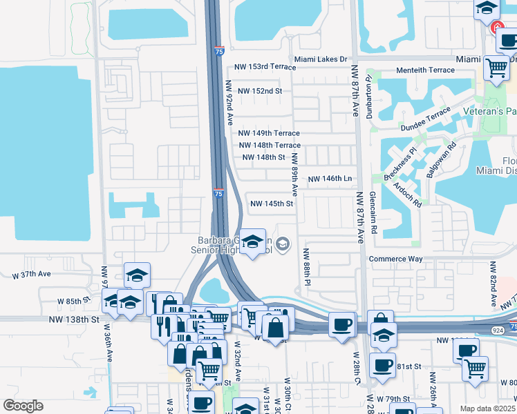 map of restaurants, bars, coffee shops, grocery stores, and more near 9134 Northwest 145th Street in Hialeah