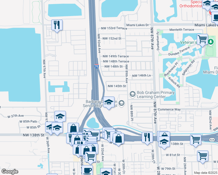 map of restaurants, bars, coffee shops, grocery stores, and more near 9134 Northwest 145th Street in Hialeah