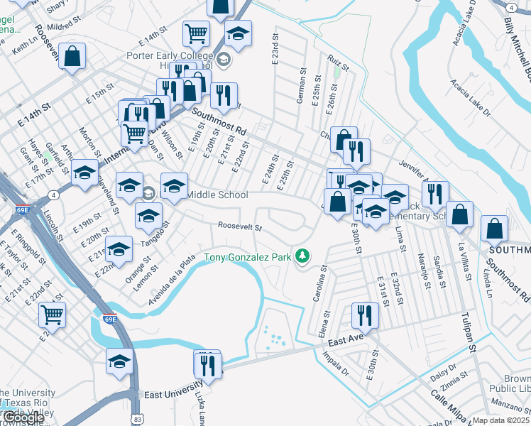 map of restaurants, bars, coffee shops, grocery stores, and more near 707 Truman Drive in Brownsville