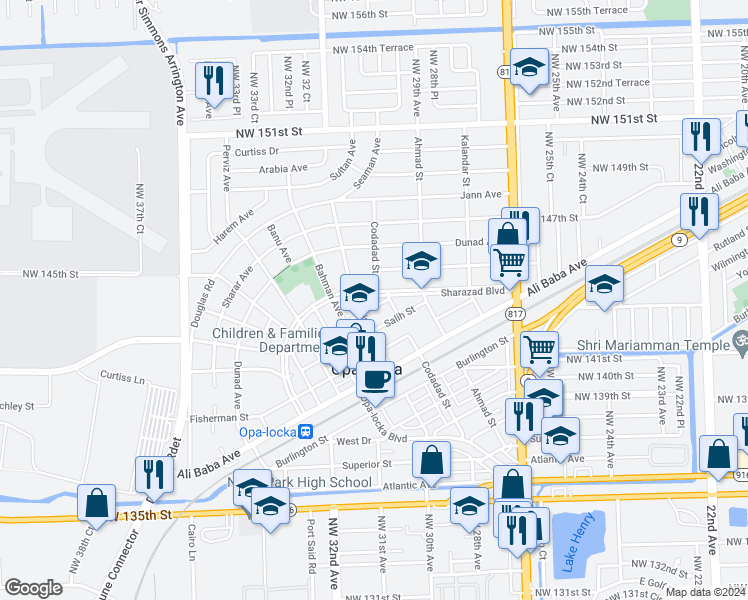 map of restaurants, bars, coffee shops, grocery stores, and more near 1051 Caliph Street in Opa-locka