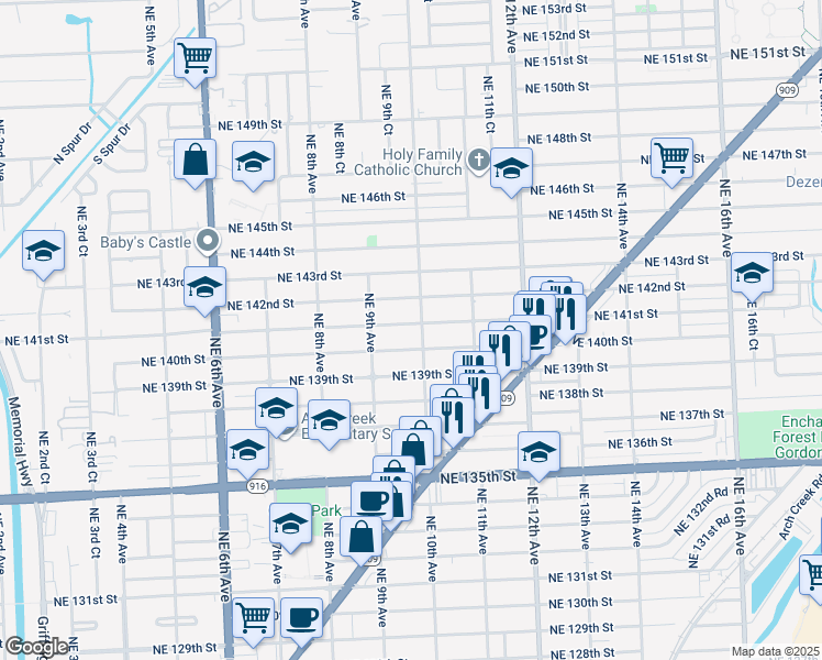 map of restaurants, bars, coffee shops, grocery stores, and more near 960 Northeast 141st Street in North Miami