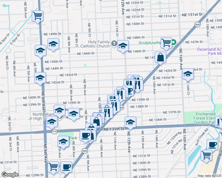 map of restaurants, bars, coffee shops, grocery stores, and more near 1040 Northeast 141st Street in North Miami