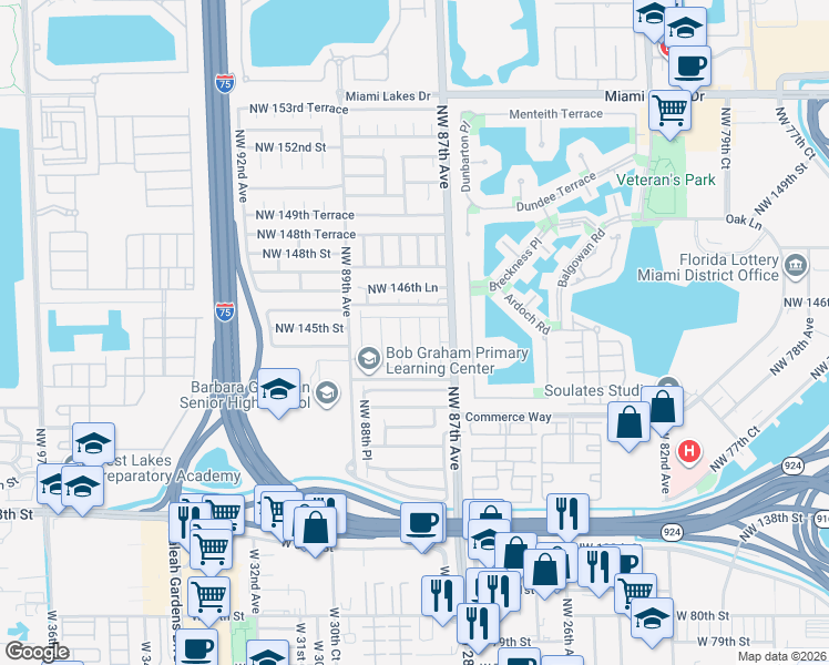 map of restaurants, bars, coffee shops, grocery stores, and more near 14462 Northwest 87th Court in Hialeah