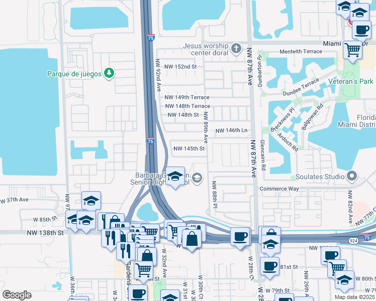 map of restaurants, bars, coffee shops, grocery stores, and more near 8974 Northwest 145th Street in Miami Lakes
