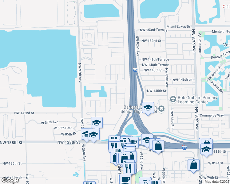 map of restaurants, bars, coffee shops, grocery stores, and more near 3375 West 90th Terrace in Hialeah