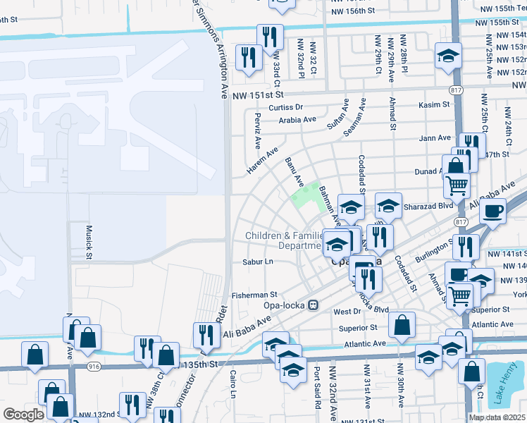 map of restaurants, bars, coffee shops, grocery stores, and more near 550 Sharar Avenue in Opa-locka