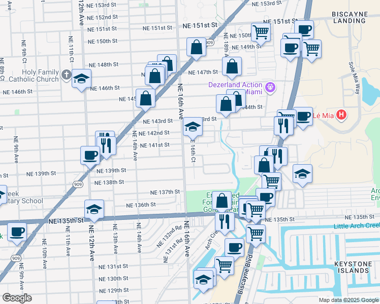 map of restaurants, bars, coffee shops, grocery stores, and more near 14027 Northeast 16th Avenue in North Miami