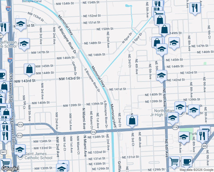 map of restaurants, bars, coffee shops, grocery stores, and more near 160 Northeast 142nd Street in Miami