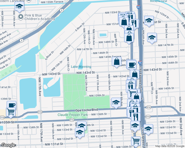 map of restaurants, bars, coffee shops, grocery stores, and more near 1130 Northwest 143rd Street in Miami
