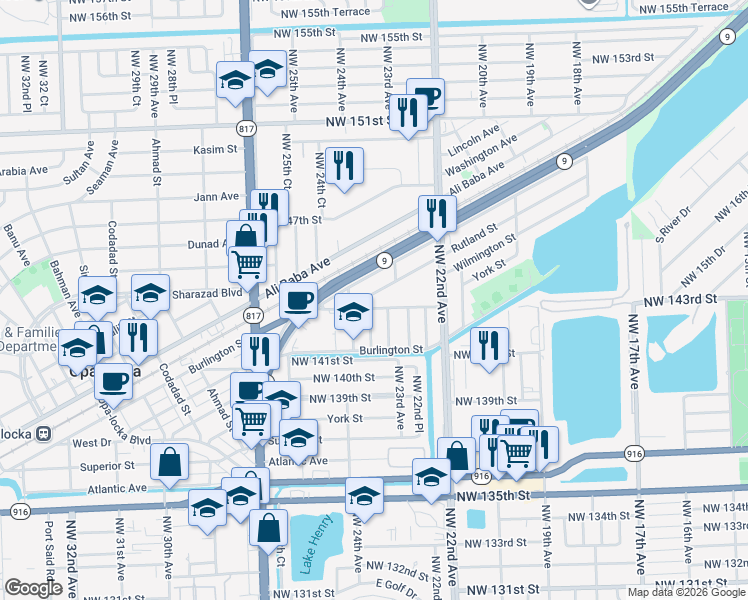 map of restaurants, bars, coffee shops, grocery stores, and more near 2397 Rutland Street in Opa-locka