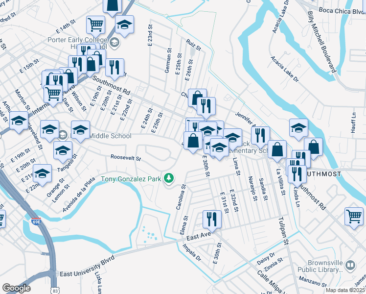 map of restaurants, bars, coffee shops, grocery stores, and more near East 28th Street in Brownsville