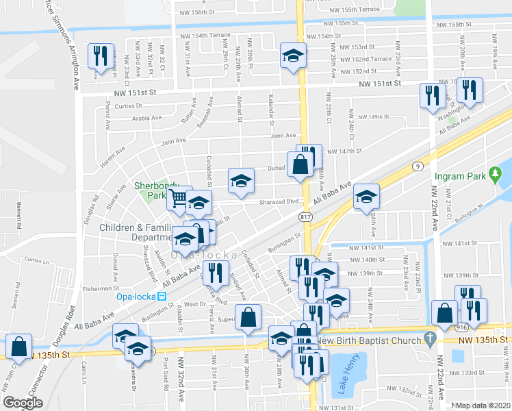 map of restaurants, bars, coffee shops, grocery stores, and more near 1220 Sharazad Boulevard in Opa-locka