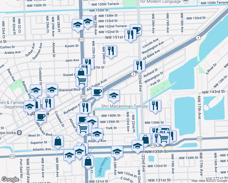 map of restaurants, bars, coffee shops, grocery stores, and more near 2397 Rutland Street in Opa-locka