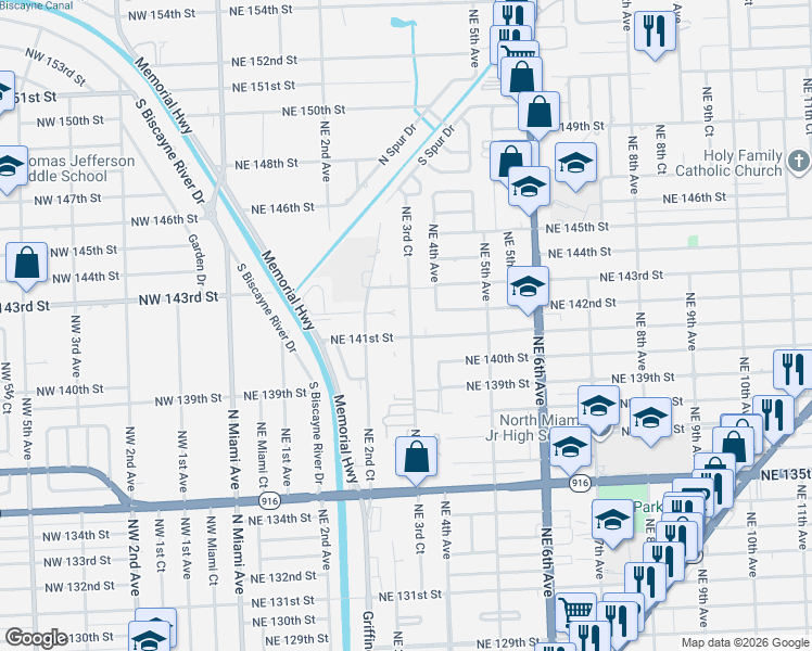 map of restaurants, bars, coffee shops, grocery stores, and more near 241 Northeast 141st Street in Miami