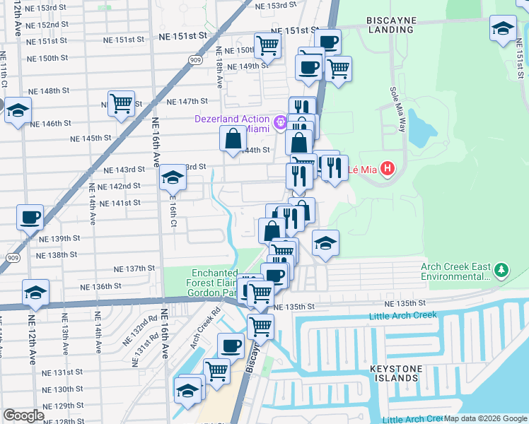 map of restaurants, bars, coffee shops, grocery stores, and more near 14030 Biscayne Boulevard in North Miami