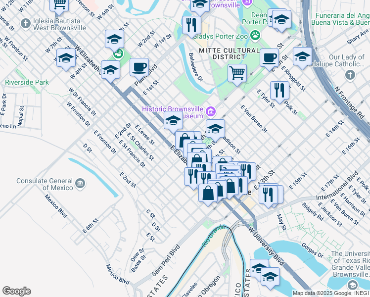 map of restaurants, bars, coffee shops, grocery stores, and more near 642 E Washington St in Brownsville