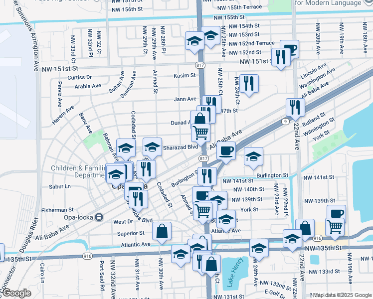 map of restaurants, bars, coffee shops, grocery stores, and more near 1310 Sharazad Boulevard in Opa-locka