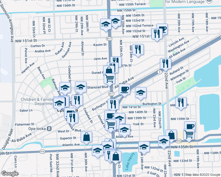 map of restaurants, bars, coffee shops, grocery stores, and more near 14380 Florida 817 in Opa-locka