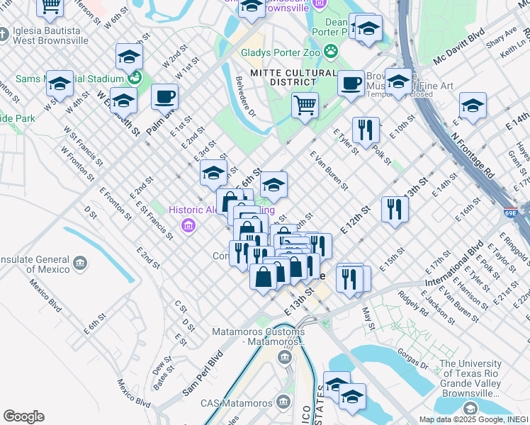 map of restaurants, bars, coffee shops, grocery stores, and more near 730 East 8th Street in Brownsville