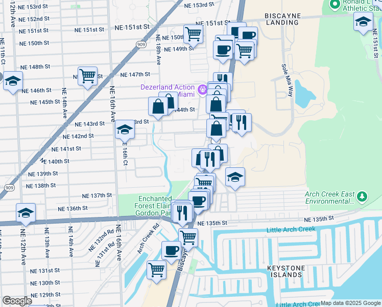 map of restaurants, bars, coffee shops, grocery stores, and more near 14040 Biscayne Boulevard in North Miami