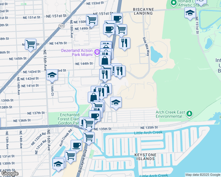 map of restaurants, bars, coffee shops, grocery stores, and more near 13925 Northeast 20th Place in North Miami Beach