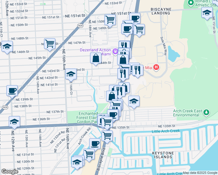 map of restaurants, bars, coffee shops, grocery stores, and more near 14030 Biscayne Boulevard in North Miami