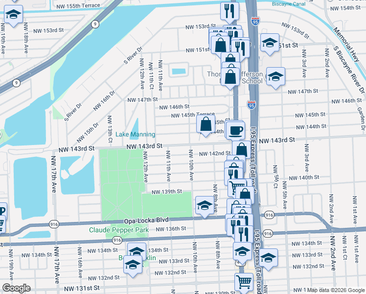 map of restaurants, bars, coffee shops, grocery stores, and more near 1050 Northwest 143rd Street in Miami