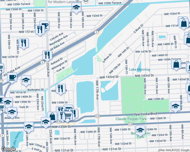 map of restaurants, bars, coffee shops, grocery stores, and more near 14300 Northwest 16th Court in Miami