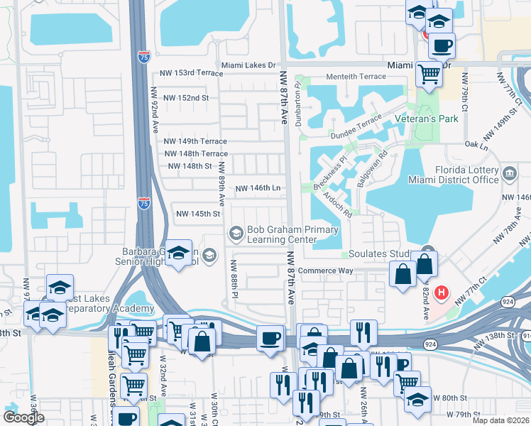 map of restaurants, bars, coffee shops, grocery stores, and more near 14462 Northwest 87th Court in Hialeah