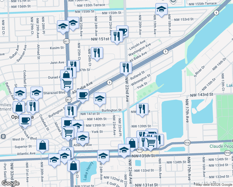 map of restaurants, bars, coffee shops, grocery stores, and more near 2331 Northwest 143rd Street in Opa-locka