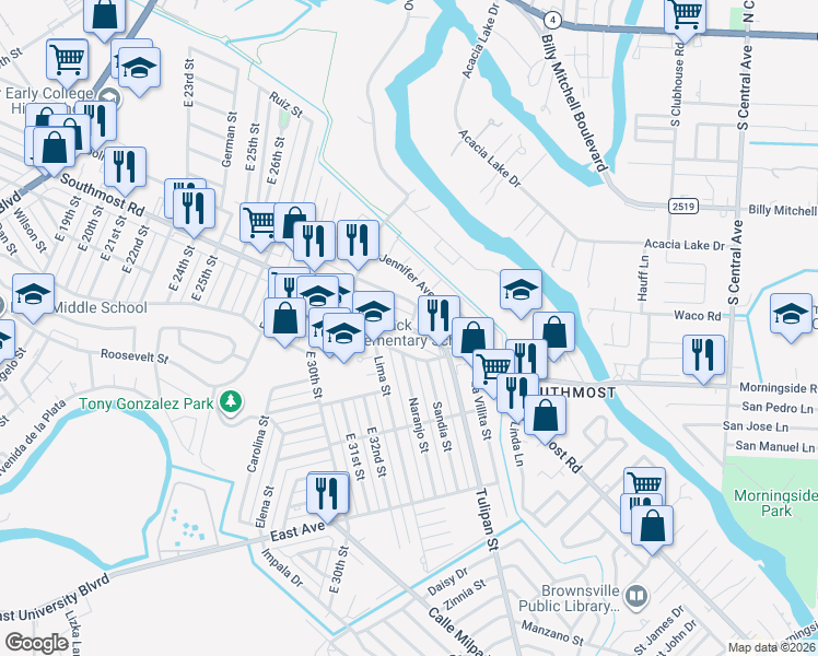 map of restaurants, bars, coffee shops, grocery stores, and more near 3101 Southmost Road in Brownsville