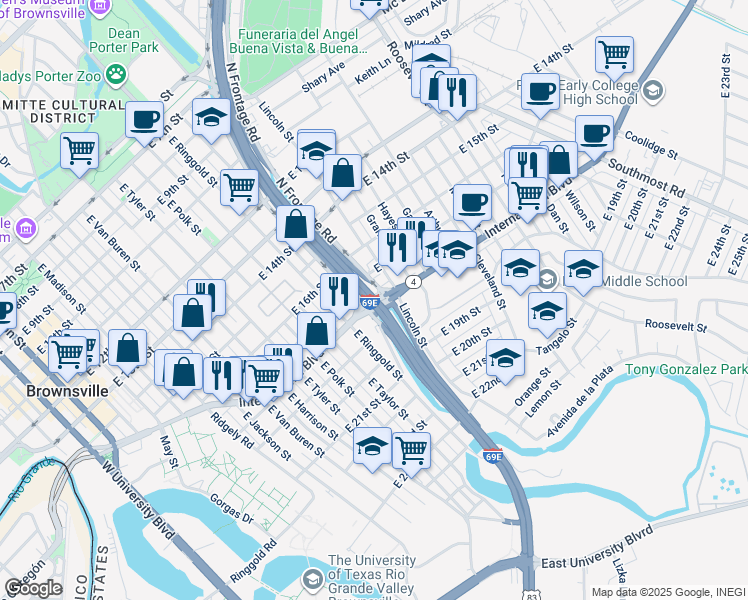 map of restaurants, bars, coffee shops, grocery stores, and more near 1811 International Boulevard in Brownsville