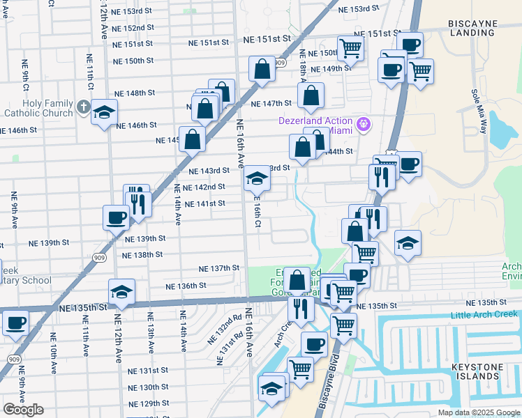map of restaurants, bars, coffee shops, grocery stores, and more near 14027 Northeast 16th Avenue in North Miami