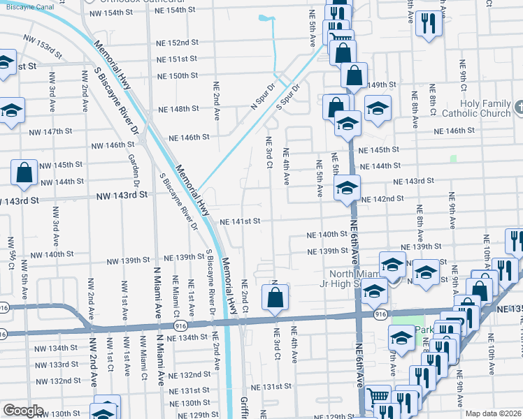 map of restaurants, bars, coffee shops, grocery stores, and more near 241 Northeast 141st Street in Miami