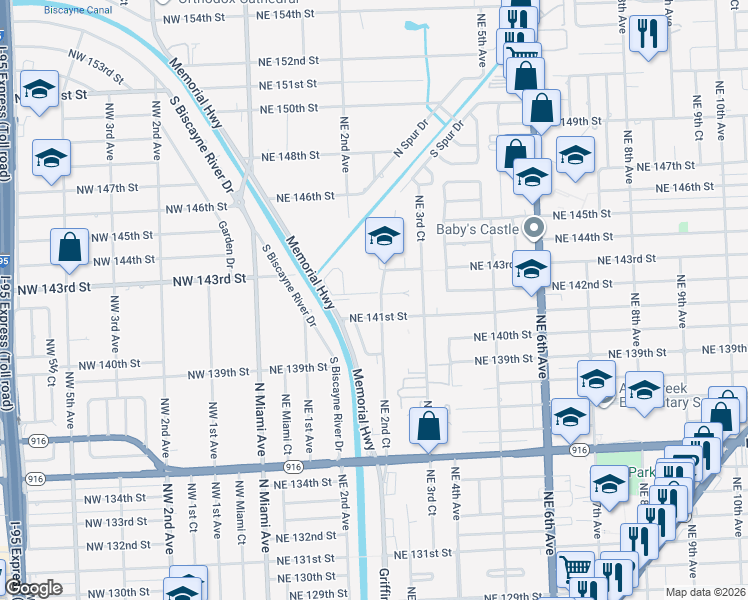 map of restaurants, bars, coffee shops, grocery stores, and more near 209 Northeast 141st Street in Miami