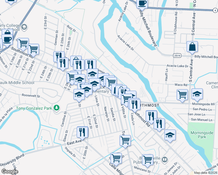 map of restaurants, bars, coffee shops, grocery stores, and more near 3101-3199 Southmost Boulevard in Brownsville